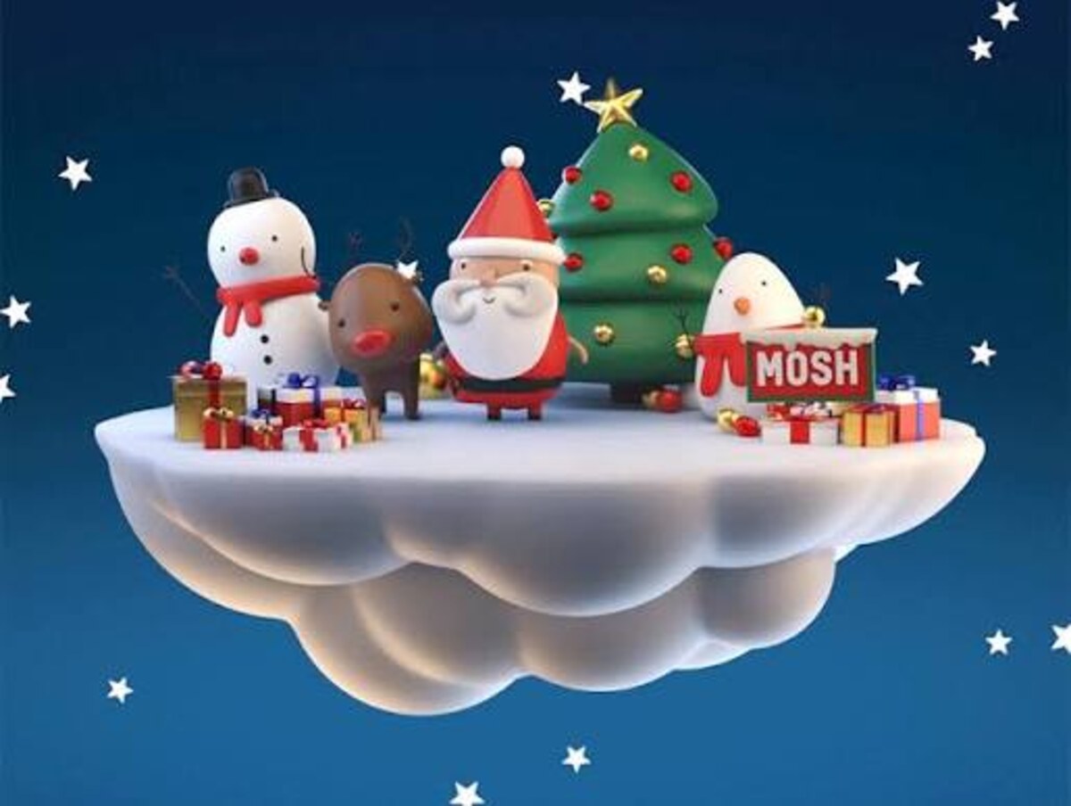 Santa, reindeer, snowman and MOSH sign illustration for the Freeport Christmas party
