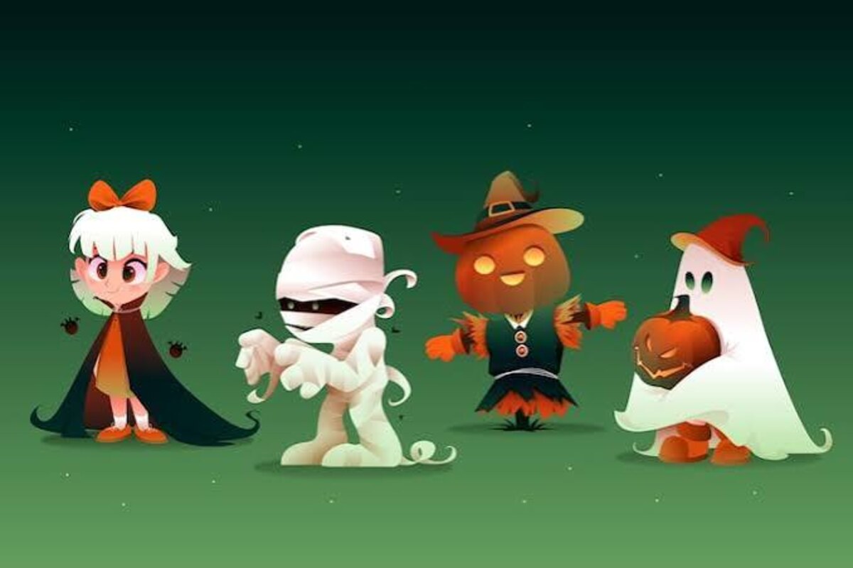 Illustrated Halloween characters in costume for the Freeport Halloween party