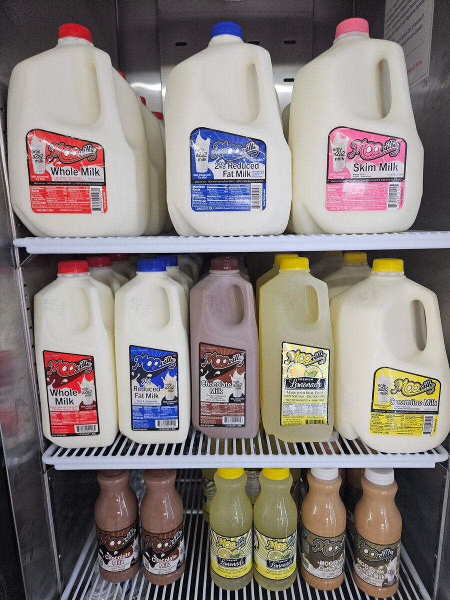 Cooler stocked with MooVille milk and lemonade jugs